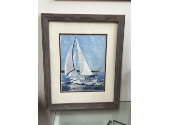 Rhapsody In Blue By Judith Levy, Pretty Sailboat Watercolor In Frame