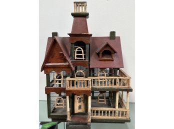 Carved Wood Bird House & Small Slag Glass Trinket Box