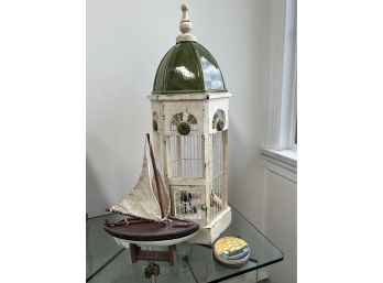 Pretty Ornate Decorative Bird Cage Made From Wood & Ceramic Includes A Small Carved Fishing Boat