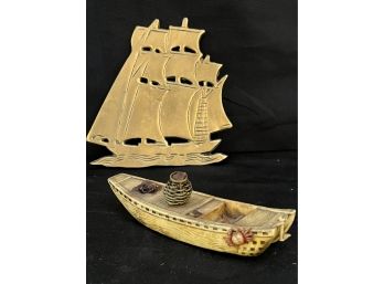 Brass Finished Metal Sailboat & Small Carved Resin Fishing Boat