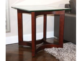 Wood & Glass Side Table With A Beveled Glass Top & Rounded Corners