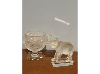 Pair Of Lalique Decorative Items  Include Pedestal Vase And Good Luck Elephant