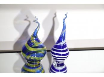 Pretty Hand-Blown Glass Art With Pretty Blue Tones & Swirl Detail