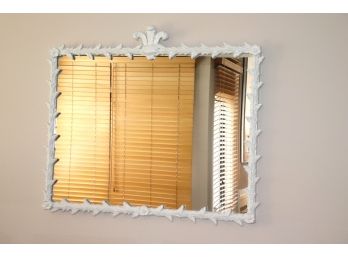 Vintage Painted White Wood Mirror With Ornate Crown & Floret Detailing Approx. 44 Inches X 36 Inches
