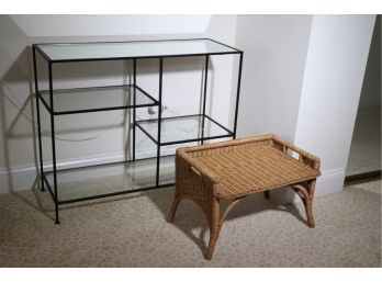 Contemporary Glass & Metal Utility Shelf With Wicker Serving Tray