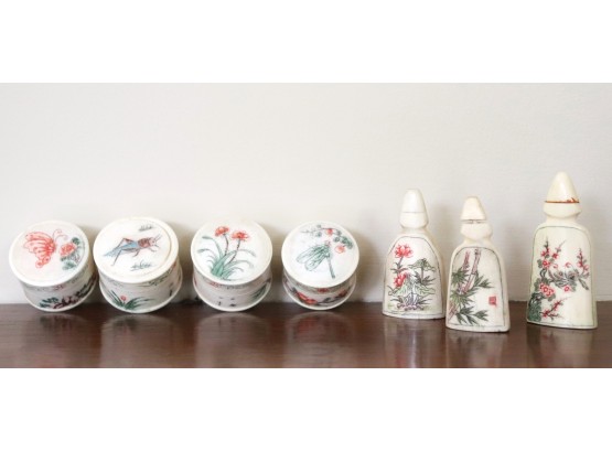 Finely Carved Vintage Hand Painted Bone Snuff Bottles/Boxes With Pretty Garden & Insect Scenery