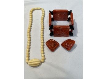 Ornate Asian Style Plastic Bracelet With Matching Earrings & A Pretty Bone Necklace