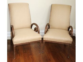 Pair Of Custom Carved Regency Style Chairs, Unique Scrolled Arms, Striped Linen Fabric With Piping On The E