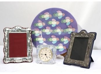Stager France Crystal Desk Clock, Includes 2 Pewter Picture Frames & A Pretty Purple Signed Art Plate
