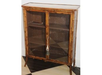 Asian Bamboo Wood Style Cabinet With Glass Doors With A Painted Top Nice, Embossed Leather Side