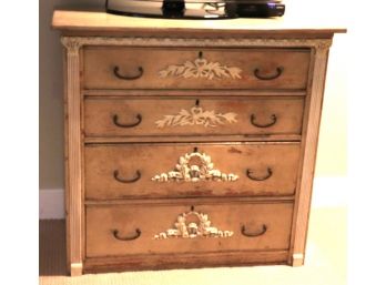Vintage/Antique 4 Drawer Crackle Finished Chest With Ornate Carved Detailing On The Front