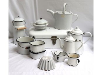 Large Collection Of Vintage Black & White Enamelware Includes Assorted Kettles