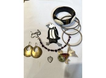 Fashion Jewelry Includes Sterling Bracelets, Fish Pin Fabrice Paris & Earrings By D. Stewart