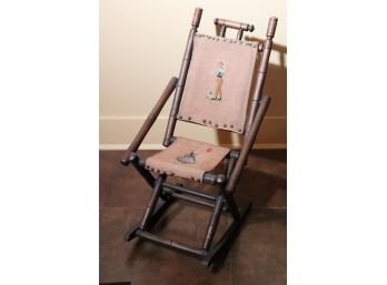 Interesting Vintage/Antique Kids Size Folding Wood Rocking Chair  With Embroidered Seat And Nail Head Detai