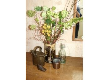 Pretty Vase Display Of Dried Silk Flowers & More Includes Bottle, Copper Boot And Bucket & Brass Metal Pitcher