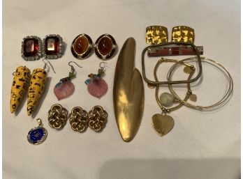 Mixed Jewelry Lot Includes A Square Sterling Bracelet, Pretty Brooch & More As Pictured