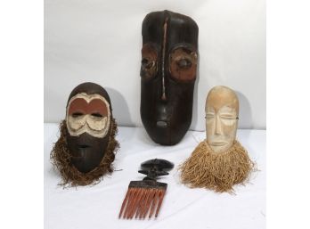 Collection Of Carved Wood African Tribal Mask Assorted Pieces, Includes Carved Wood Pick/Tool Accessory