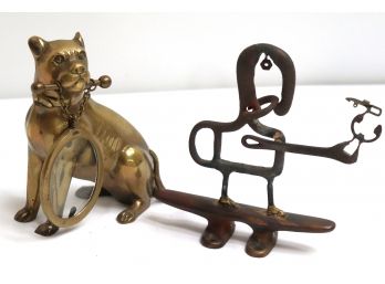Collection Includes A Vintage Brass Dog Holding A Bone Picture Frame & Unique Dock Cleat Folk Art Sculptur