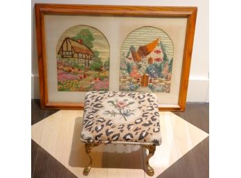 Fabulous Vintage Step Stool With Metal Feet & Needlepoint Artwork In Frame