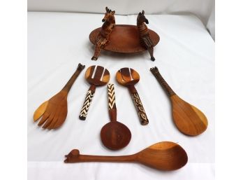 Collection Of Carved Wood Cooking Utensils & Shelf Animals From Africa