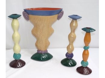 Set Of 3 Butter & Toast 1991 Candlesticks From Barneys Ny Includes A Pretty Centerpiece Vase