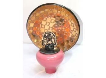Amazing Gold Tone Thick Glass Art Glass Plate By Labate Polizzi & Pink Vase Signed By The Artist Amc 1986