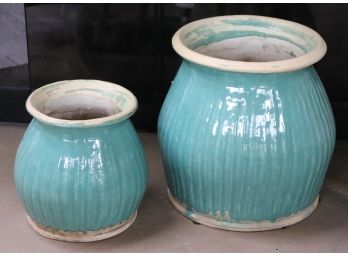 Set Of Vintage Hand Thrown Glazed Pottery Planters In A Pretty Ocean Blue Color Stamped/Marked On Bottom