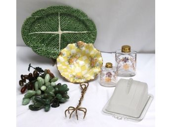 Collection Includes Glass Grape Clusters, Frosted Glass Cheese Plate & Bottles With Painted Gold Floral Detail