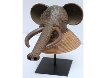 Unique Heavy Cast Metal Elephant Head Sculpture On A Stand With Embossed Design Throughout, Interesting Pi