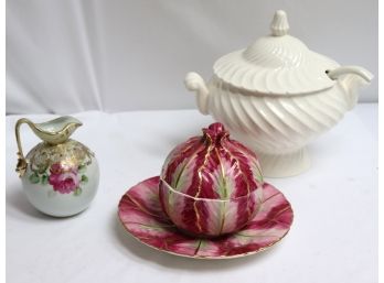 Hand Painted Floral Jug, Mottahedeh England Centerpiece Bowl & Plate, Electric Casserole Dish By Lipper & M