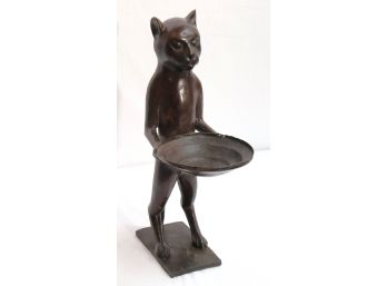 Unique Vintage Patinated Metal Sculpture Of A Standing Cat Bearing A Tray (Cat Butler)
