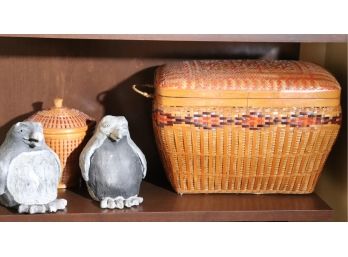 Beautiful Quality Woven Artisan Basket, Small Round Basket, Handmade Signed Ceramic Penguins
