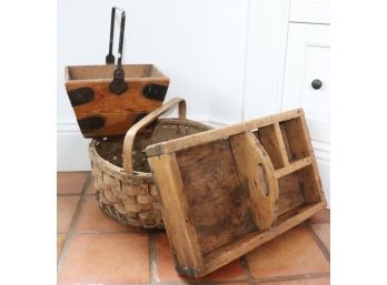 Collection Of Vintage Folk Art Wooden Baskets Includes Antique Tool Box