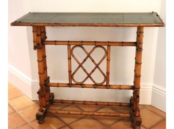 Vintage/Antique Asian Style Alter Table With A Leather Top Nice Bamboo Wood Frame