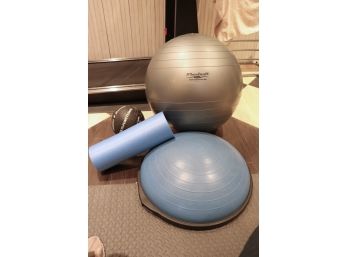Assorted Exercise Equipment Includes, Roller, Medicine Ball & Boshu Balance