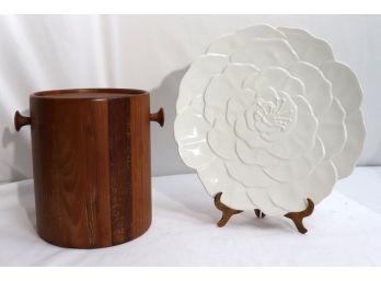 Vintage Wood Ice Bucket With Liner & Pretty Serving Platter