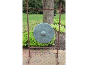 Unique Heavy Asian Metal Gong On A Rustic Metal Stand