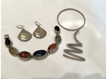 Sterling Jewelry Includes Assorted Earrings, Bracelet, Pin, & Heavy Sterling Bracelet With Polished Stones