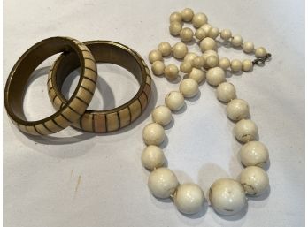 Antique Bone Cuff Bracelets & Vintage Large Beaded Necklace Graduated  (6301-6303)
