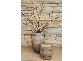 Tall Hand Built Southwestern Rustic Clay Urn With Handles Includes Decorative Wood Barrel Decor