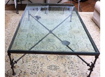 Large Heavy Wrought Iron/Glass Top Table Amazing Detail On The Base Of A Bird Walking To Its Feeder/Bath