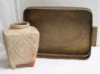 Handmade Ceramic Southwestern Pottery Vase, Includes A Large Brass Serving Tray With Embossed/Engraved Det