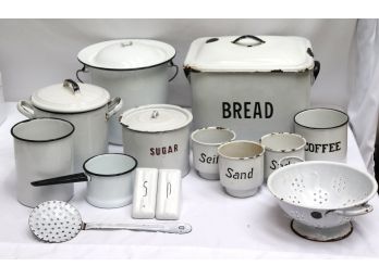 Large Collection Of Vintage Black & White Enamelware Includes Bread Box, Sugar Container & More