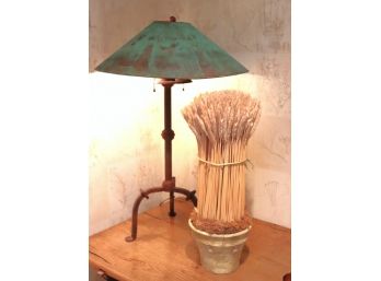 Pretty Wrought Iron/Copper Table Lamp With A Nice Rustic Copper Shade, Includes Decorative Straw Decor