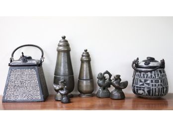 Collection Of Decorative Items Includes Engraved Stone Incense Pots, Vintage Canister, Metal Miniatures