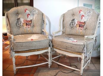 Pretty Rustic Country Style Arm Chairs With Woven Rush Seating & Pegging Scalamandre Rooster Pattern Fabric
