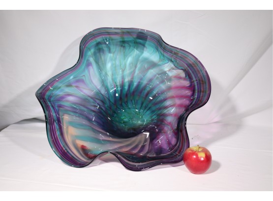 Handmade Art Glass Bowl Centerpiece Signed By The Artist With Beautiful Purple & Turquoise Wavy Color/Desig