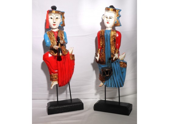 Decorative Carved Wood Traditional Thailand Dancers On Stand