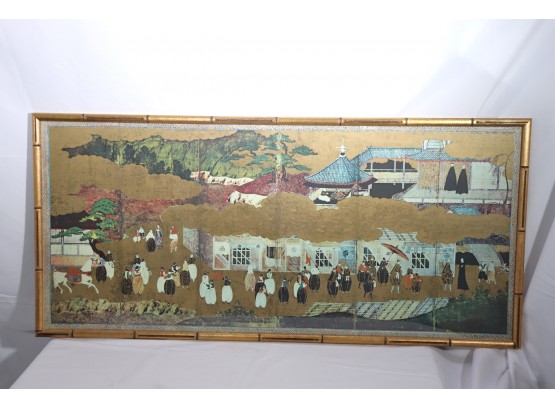 Pretty Asian Style Village Scene Print In A Painted Wood Bamboo Style Frame