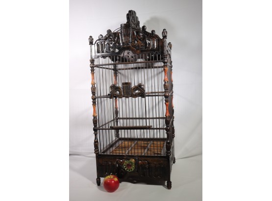 Ornate Asian Style Carved Wood Bird Cage With A Small Break/Repair To The Side As Pictured, Pretty Knob On Sli